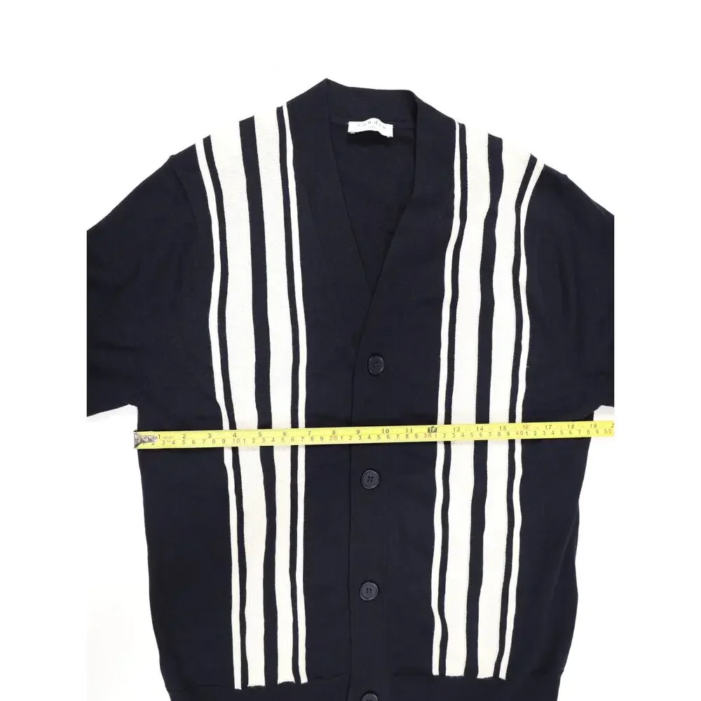 Quiet Luxury Sandro Paris Mens 100% Wool Navy Striped Cardigan Minimalist Preppy